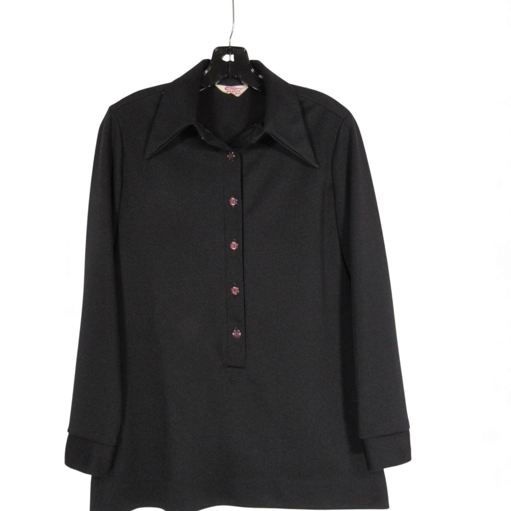 VTG FRITZI OF CALIFORNIA Black POLY-KNIT 1/2 Button TAPERED Blouse/Tunic Top S